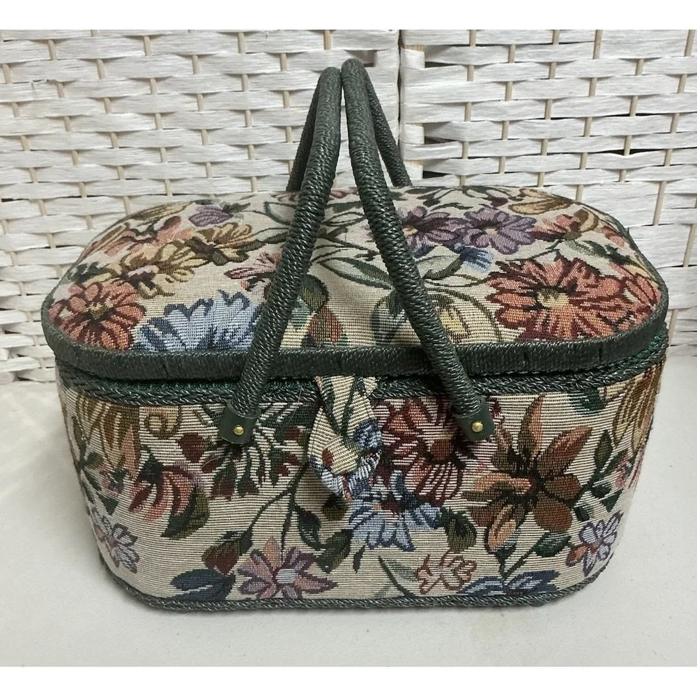 Vintage 1970s AZAR Floral Tapestry Sewing Basket Green Handles Full‎ Threads
